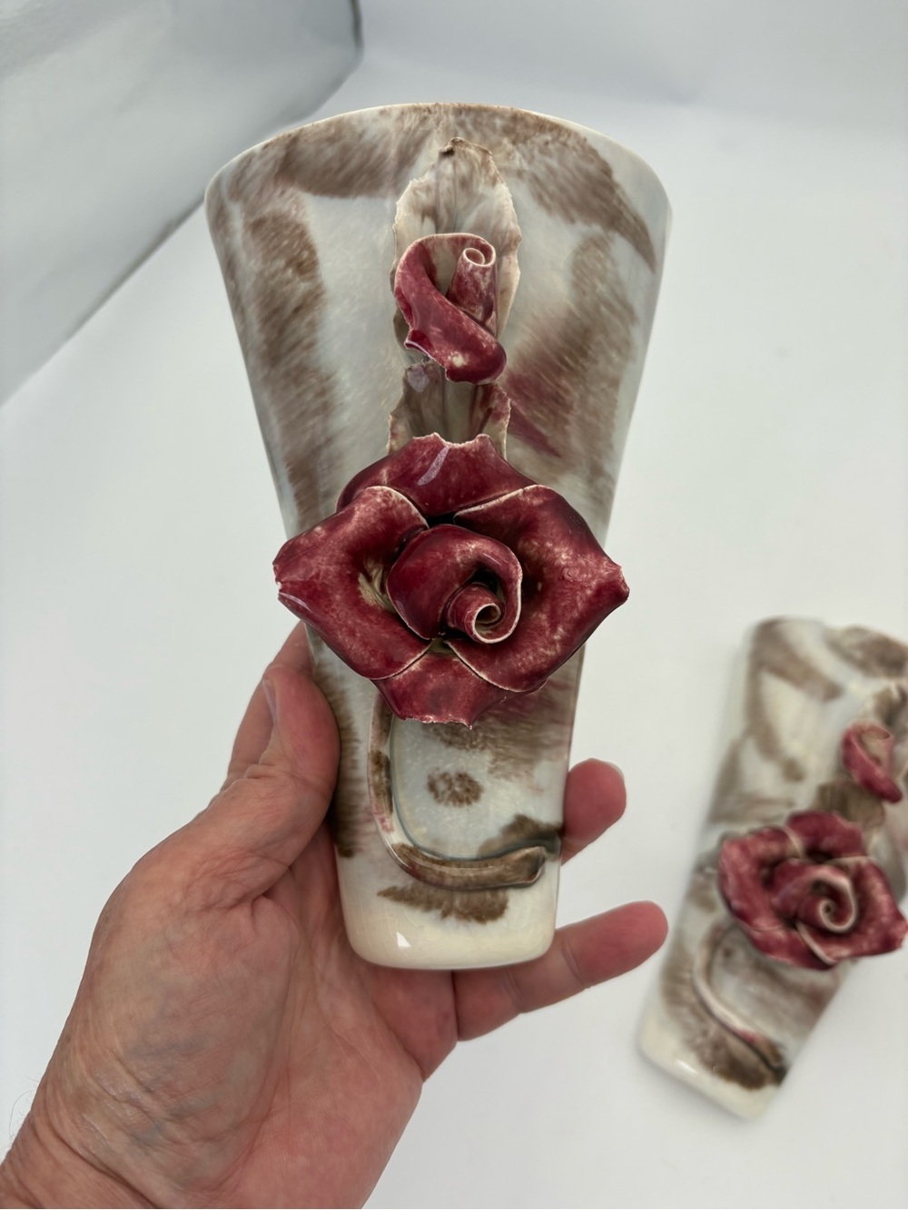 Vintage Capodimante-style Cream and Brown Ceramic Wall Pockets with Red Rose